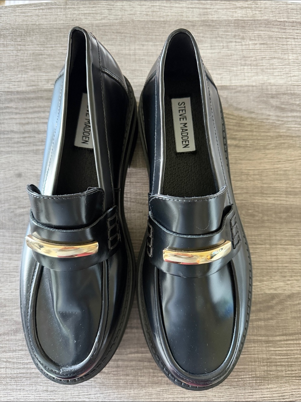 Steve Madden Black Patent Leather Slip-On Loafers with Gold Accent